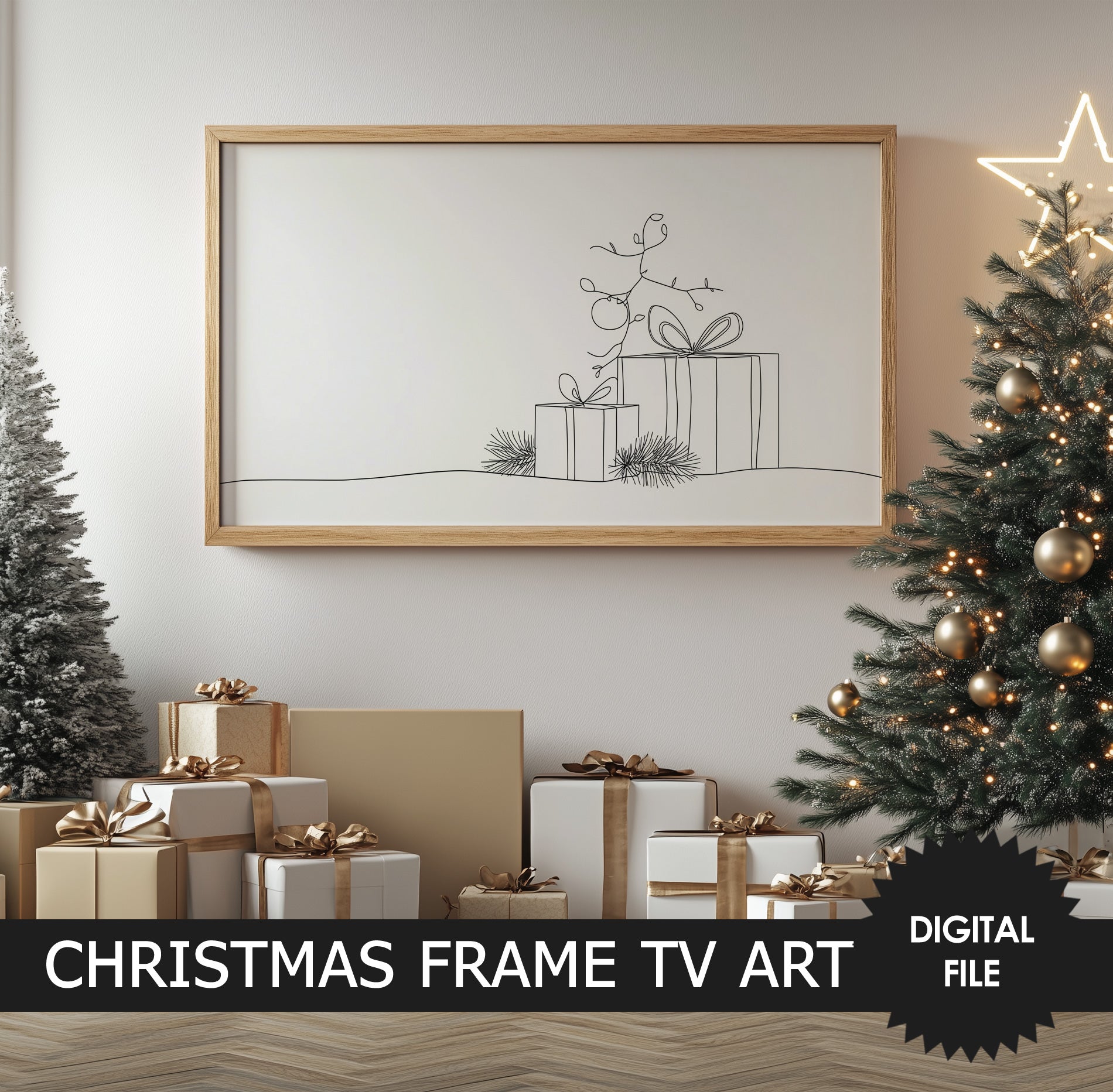 Samsung Frame TV Art, Christmas Presents Line Art, Minimalist Christmas TV Art, preview in rustic Christmas ambience