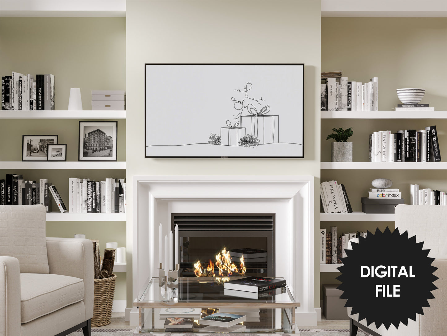 Samsung Frame TV Art, Christmas Presents Line Art, Minimalist Christmas TV Art, preview in modern living room