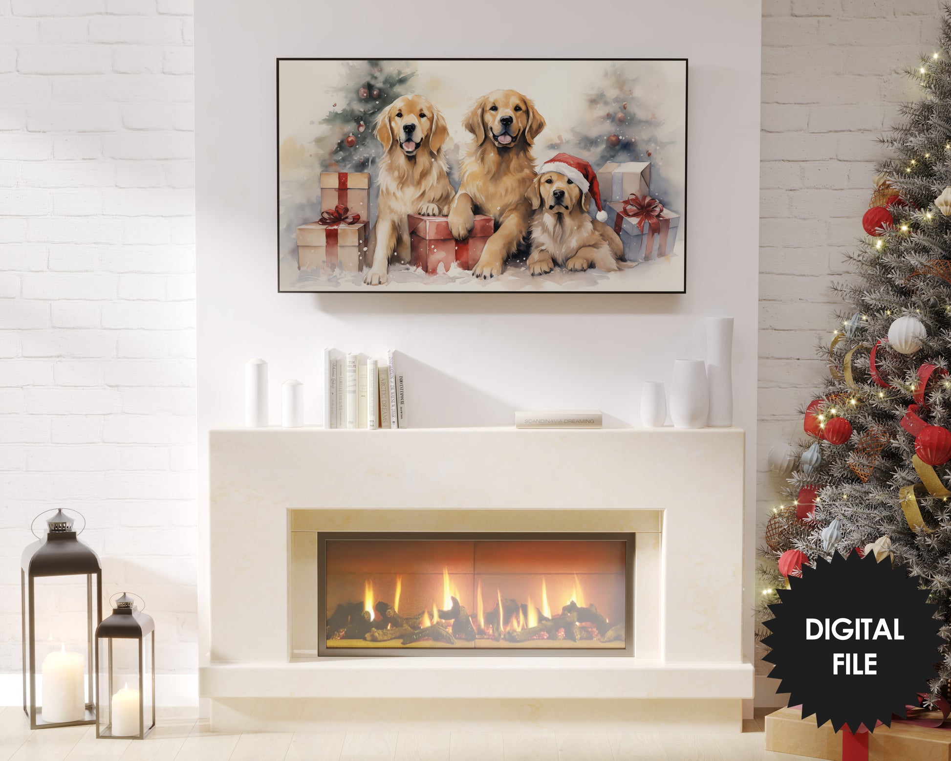 Christmas Retrievers Frame TV Art preview on Samsung Frame TV in Christmas ambience