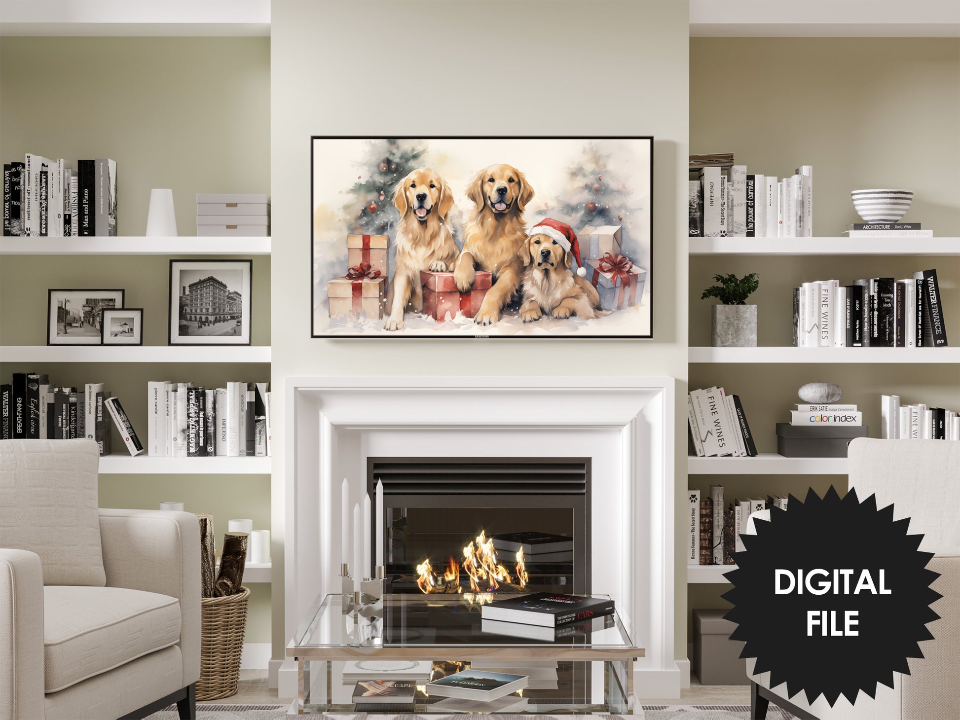 Christmas Retrievers Frame TV Art preview on Samsung Frame TV in modern living room
