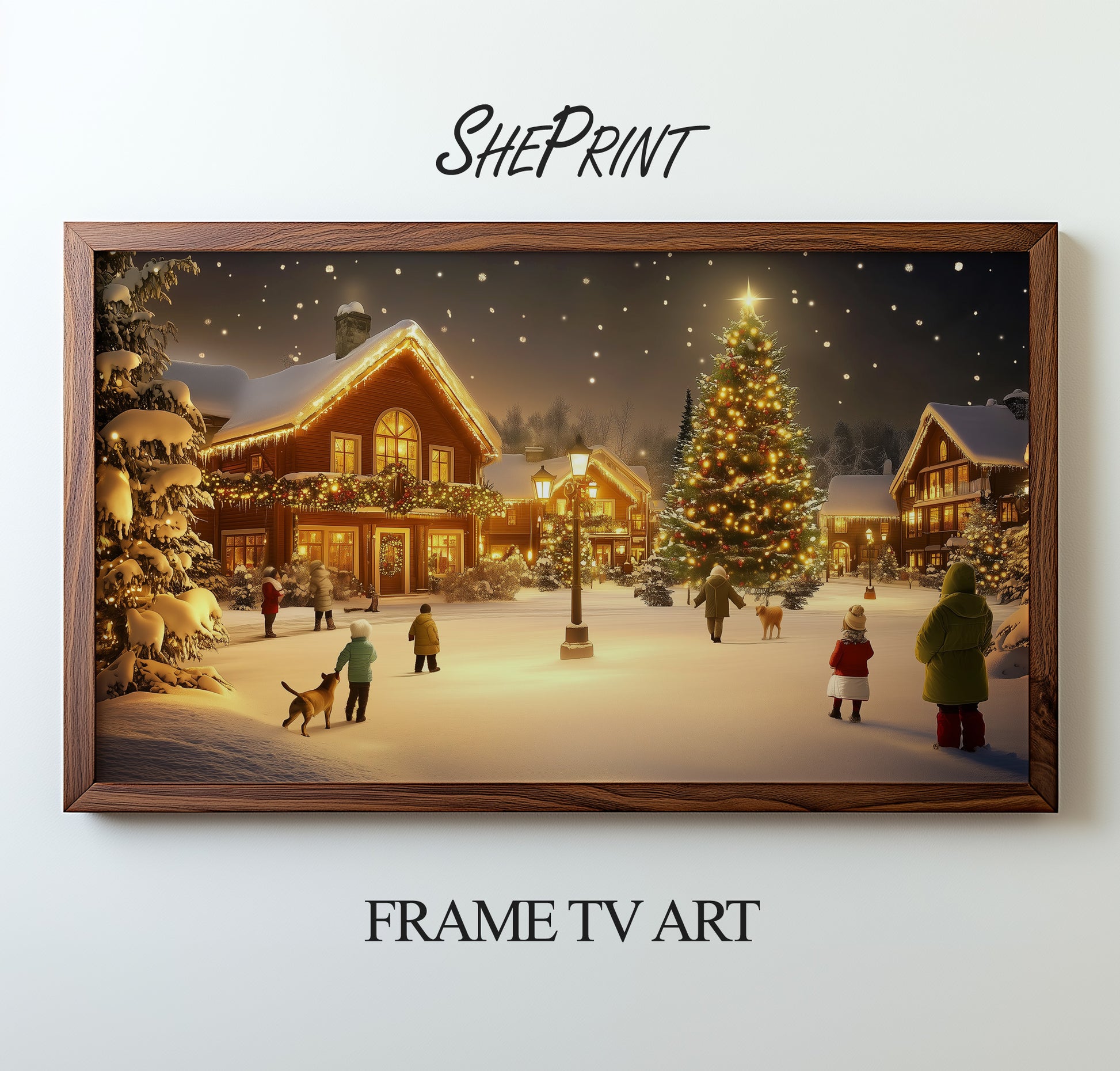 Samsung Frame TV Art Christmas Scene preview with wooden frame