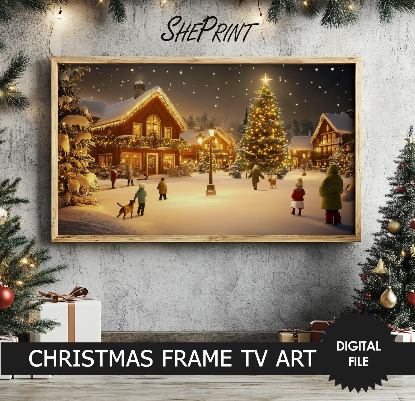 Samsung Frame TV Art Christmas Scene preview with light wood frame