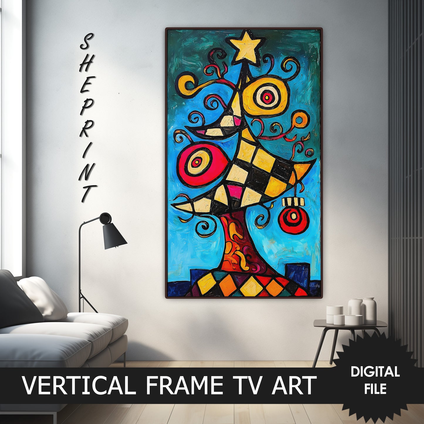 Vertical Frame TV Art, Funny Christmas Tree, Cubism, Oil Painting preview