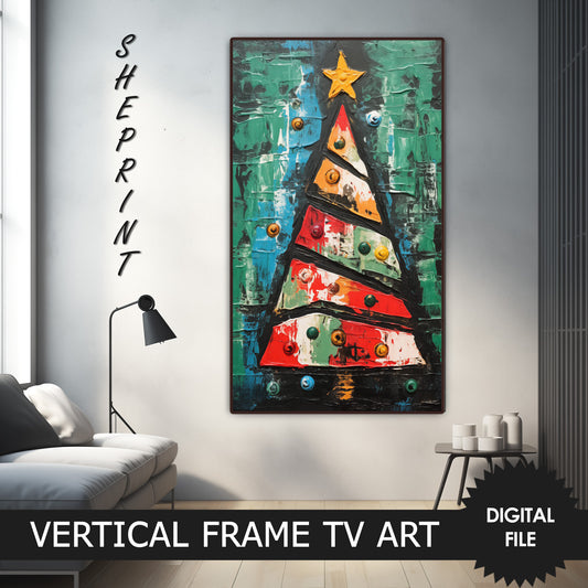 Vertical Frame TV Art, Christmas Tree, Raw Oil Painting Digital TV Art JPEG Image Instant Download