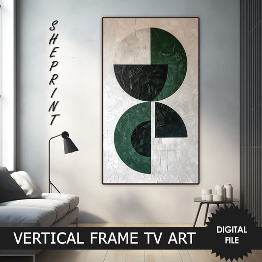 Vertical Frame TV Art, Circles Modern Abstract Art, Dark Green Black, preview on Samsung Frame TV when mounted vertically