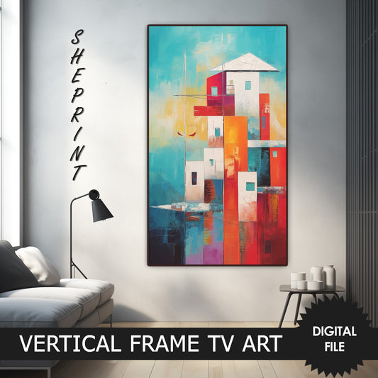 Vertical Frame TV Art, Coastal Town Abstract Art preview on Samsung Frame TV when mounted vertically