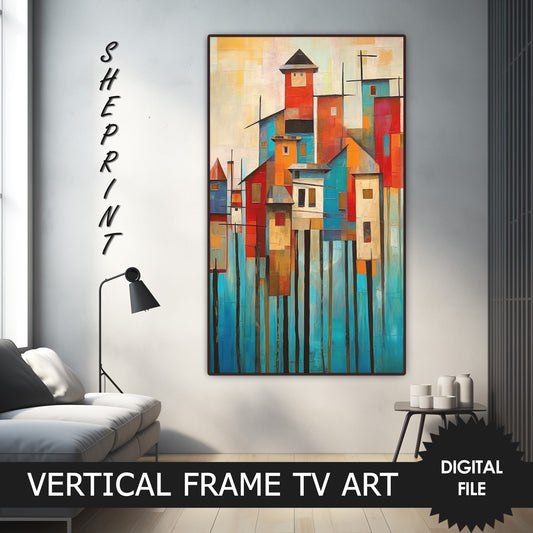 Vertical Frame TV Art, Coastal Town Abstract Art, preview on Samsung Frame TV when mounted vertically