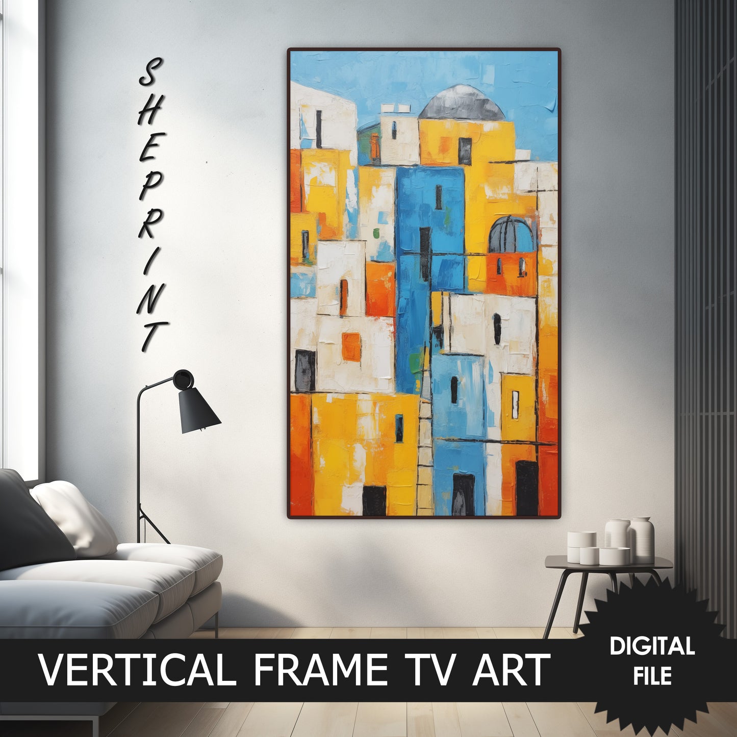 Vertical Frame TV Art, Coastal Town Art, Oil Painting preview on Samsung Frame TV when mounted vertically