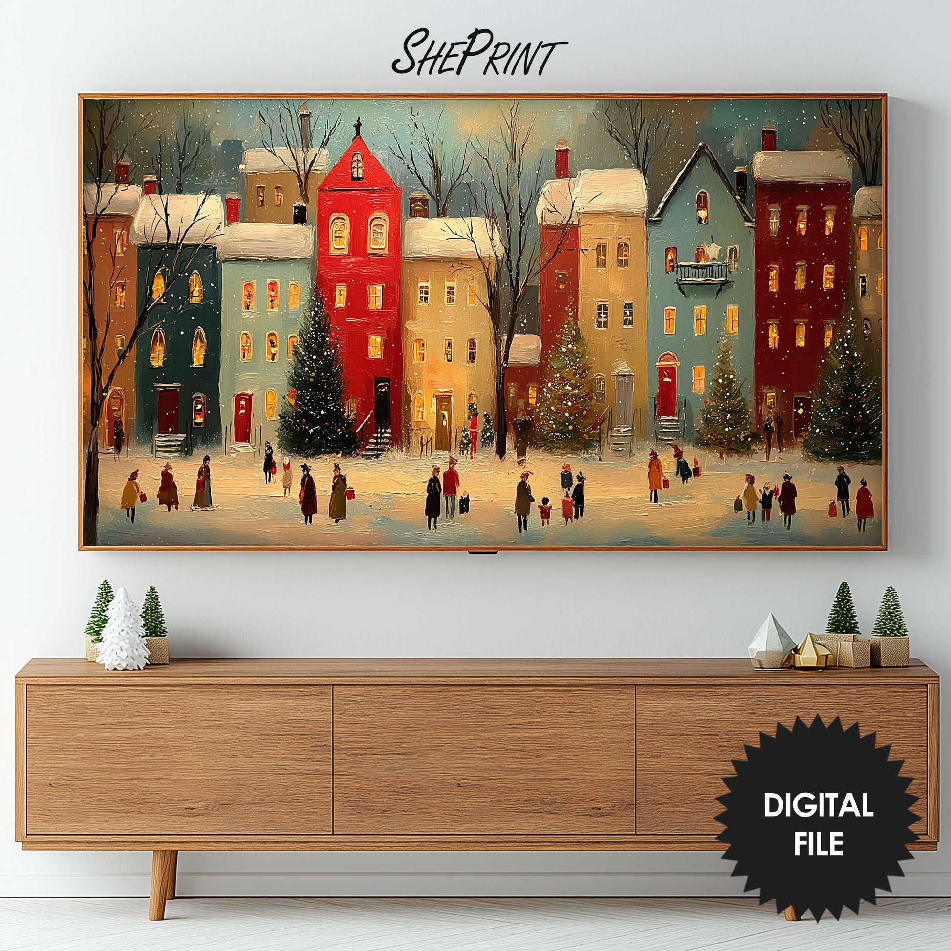 Colorful Christmas Town Frame TV Art | Digital Painting | Instant Download. Preview in living room.