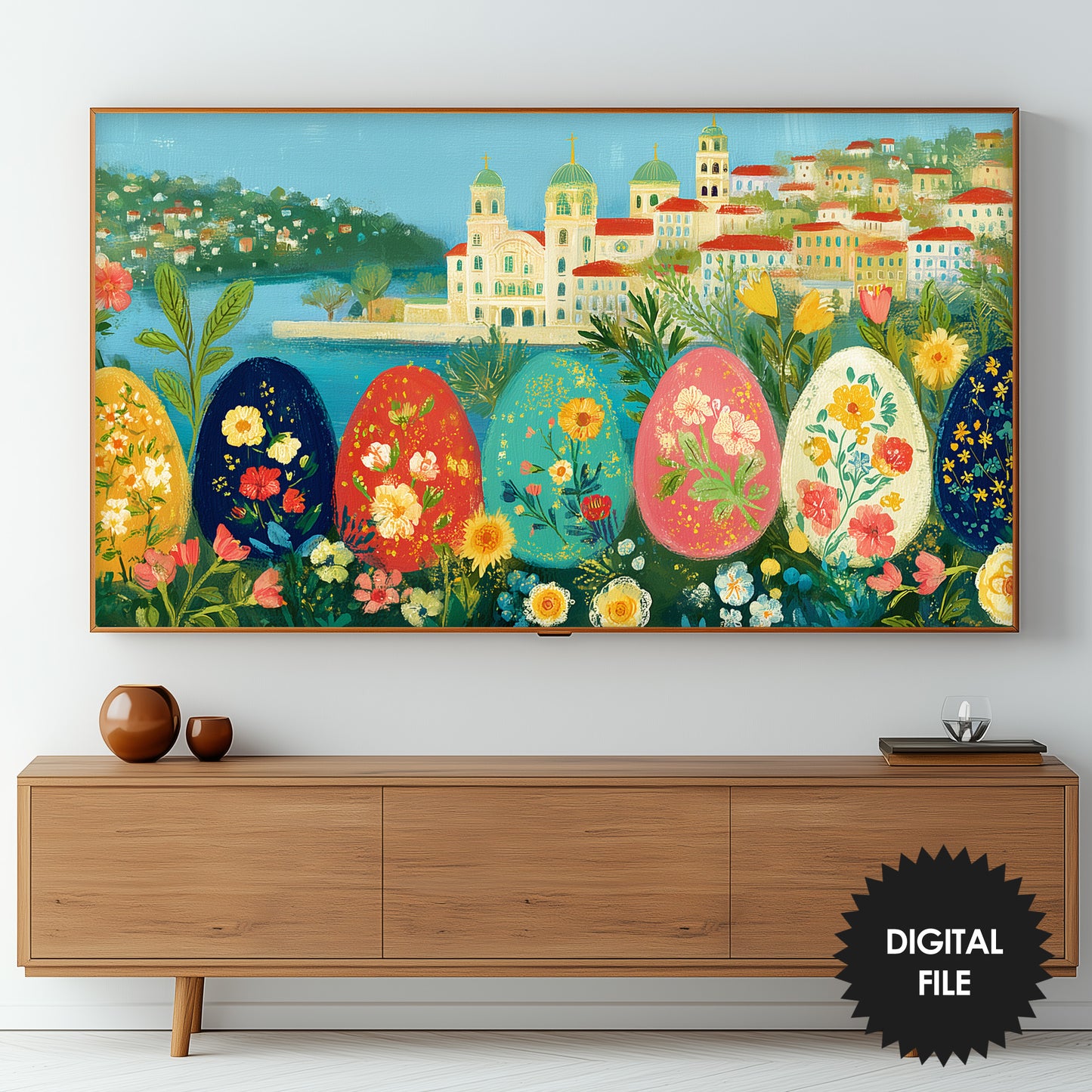Easter Landscape Frame TV Art | Folk Style | Digital Download preview on screen