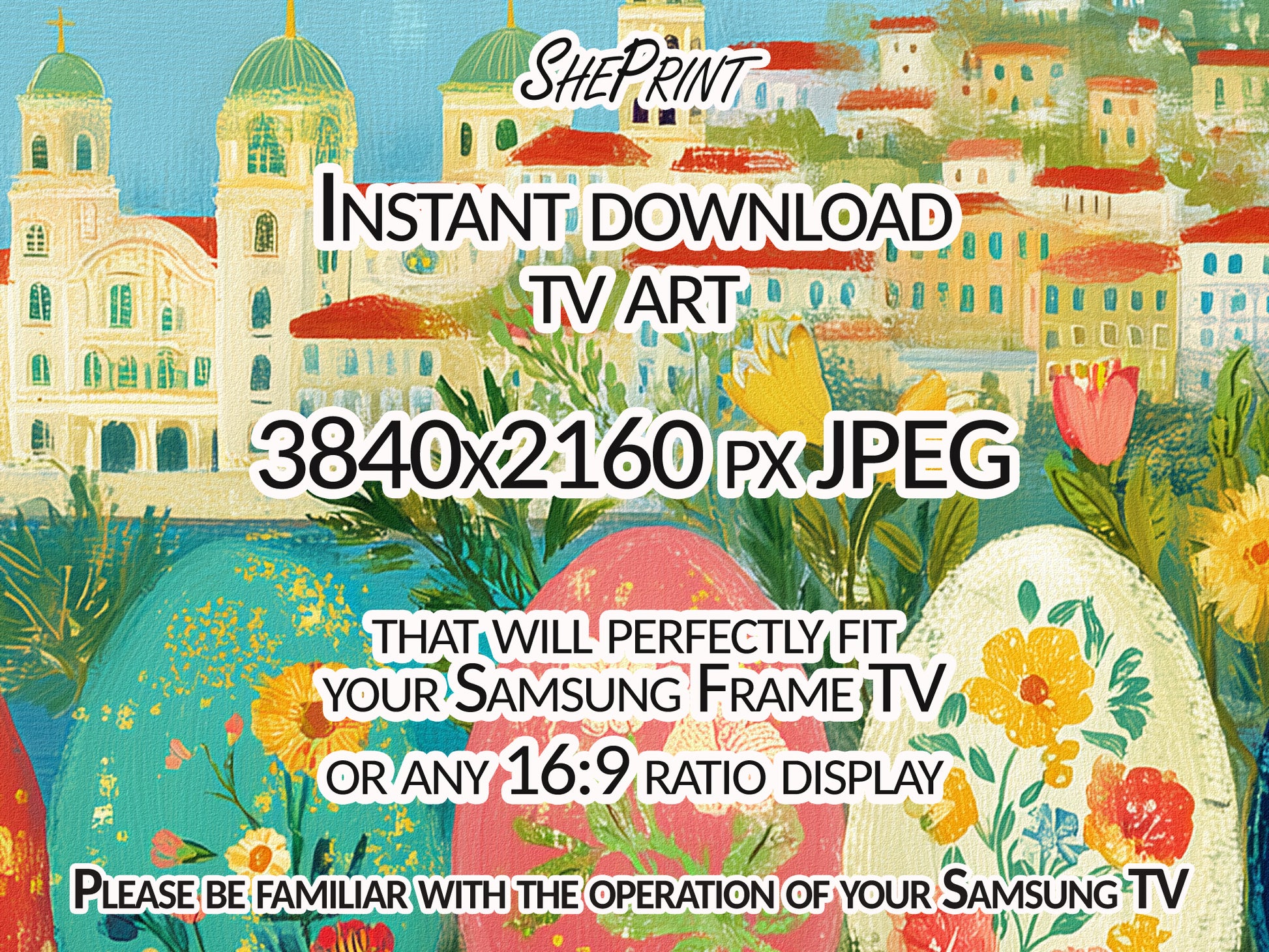 Easter Landscape Frame TV Art | Folk Style | Digital Download close up look