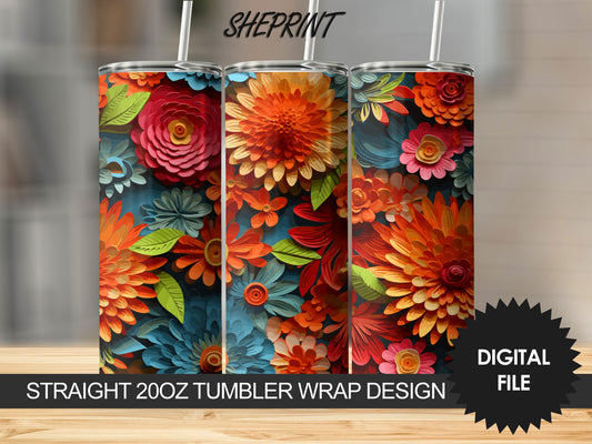 3D Colorful Floral 20oz Sublimation Tumbler Designs, Straight and Tapered 9.2 x 8.3” Tumbler PNG, Digital Download