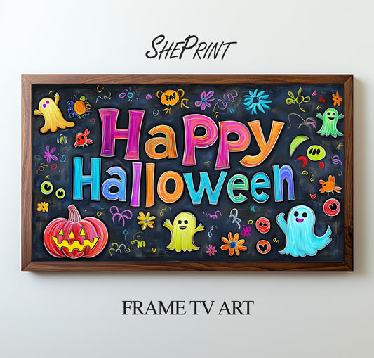 Frame TV Art Happy Halloween Colorful Chalkboard For Kids preview on screen