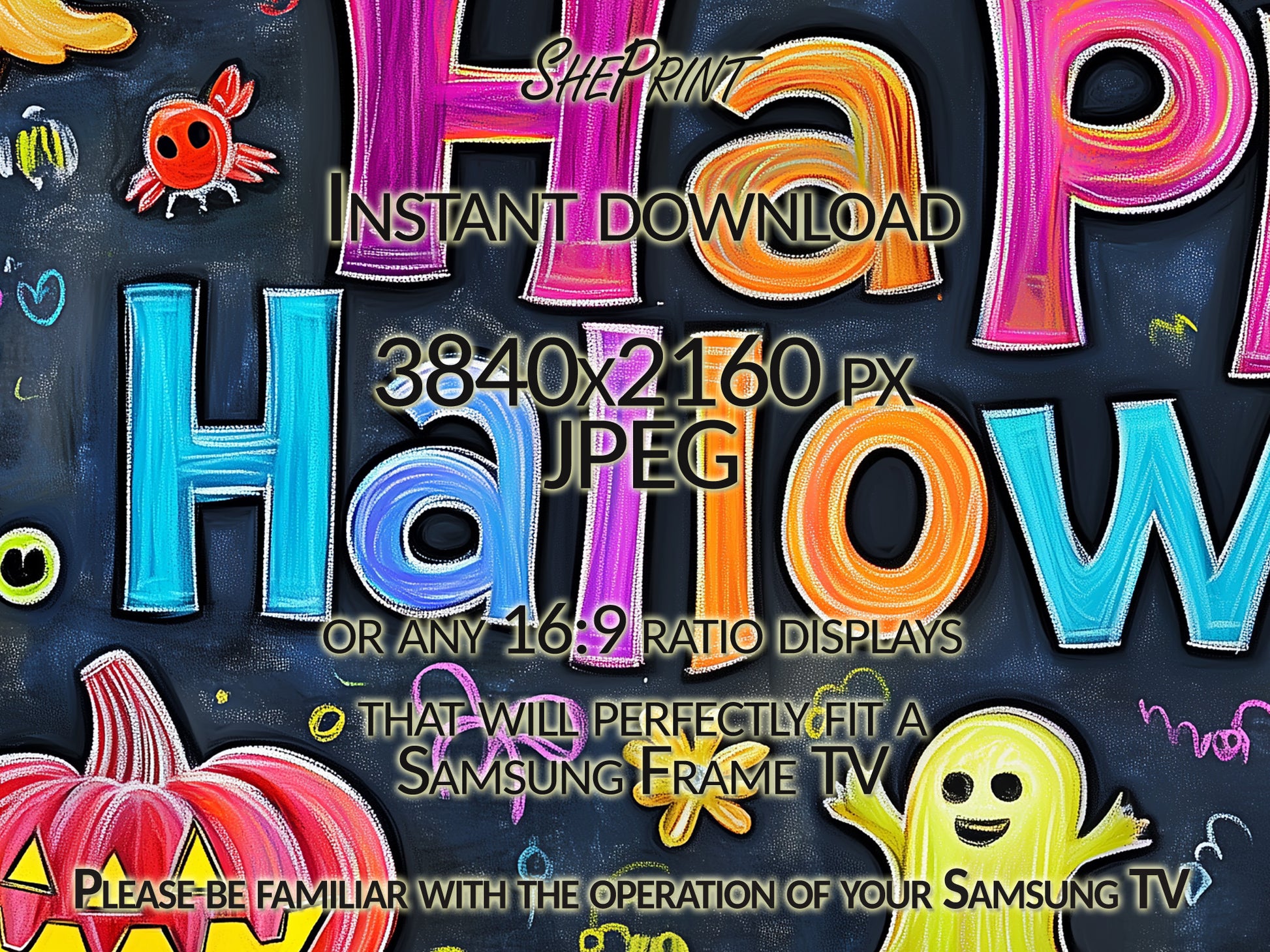 Frame TV Art Happy Halloween Colorful Chalkboard For Kids close up look