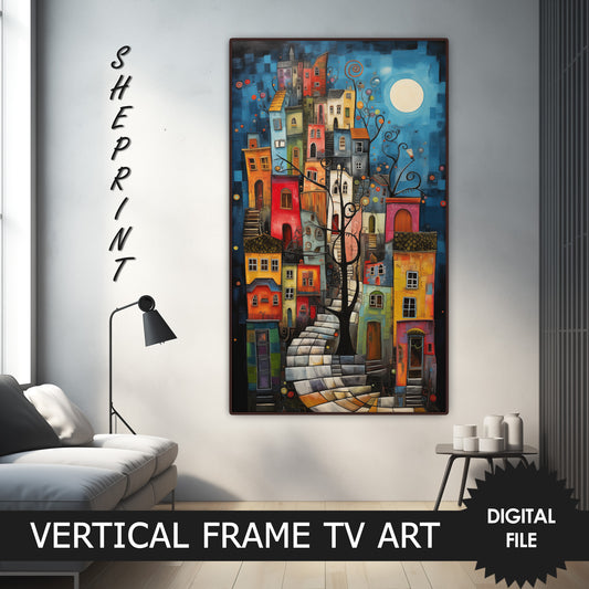 Vertical Frame TV Art, Colorful Night Town Abstract Art, preview