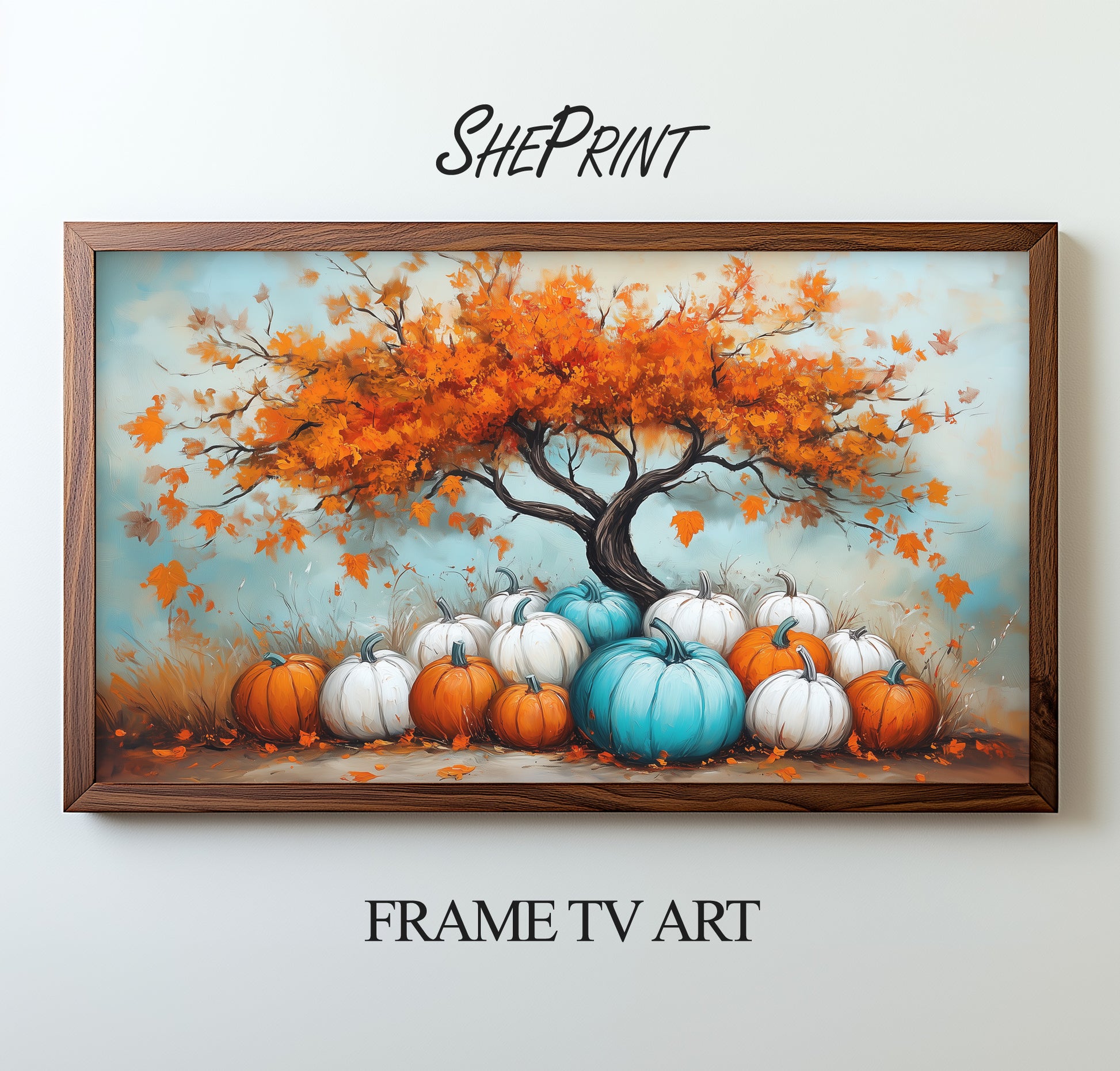 Samsung Frame TV Art, Colorful Pumpkins Scene preview in wooden frame