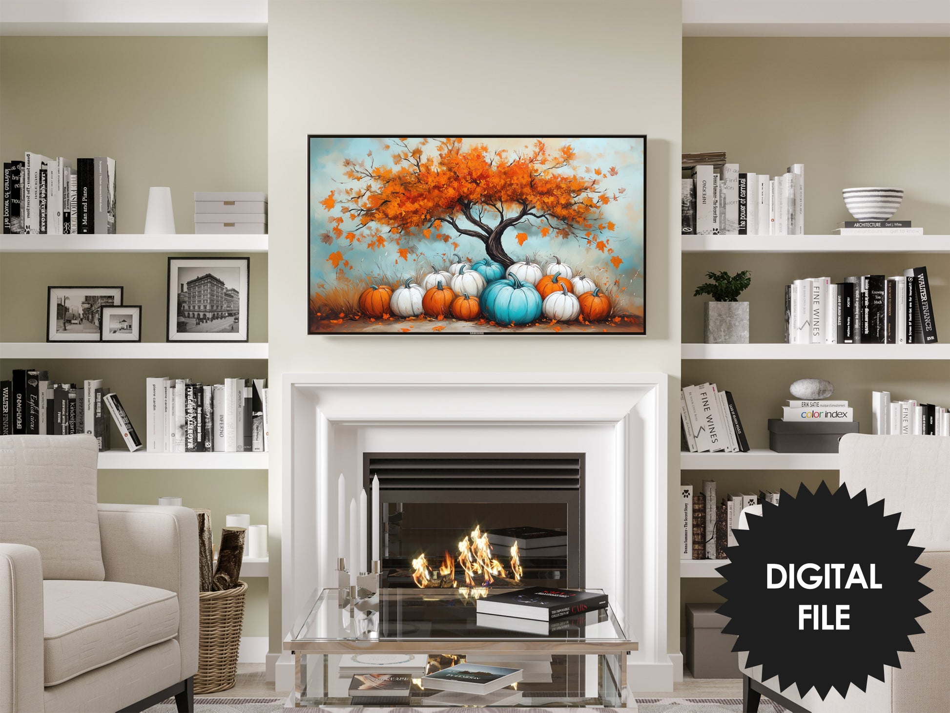 Samsung Frame TV Art, Colorful Pumpkins Scene preview in modern living room