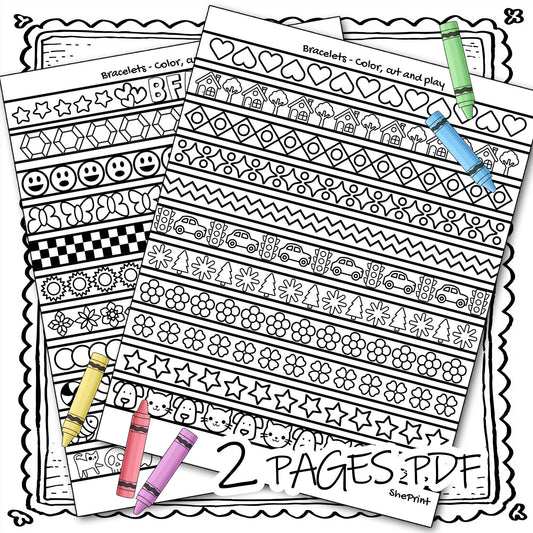 Coloring Bracelets For Girls, 22 Cute Designs to Color & Make, 2 Pages PDF Instant Download