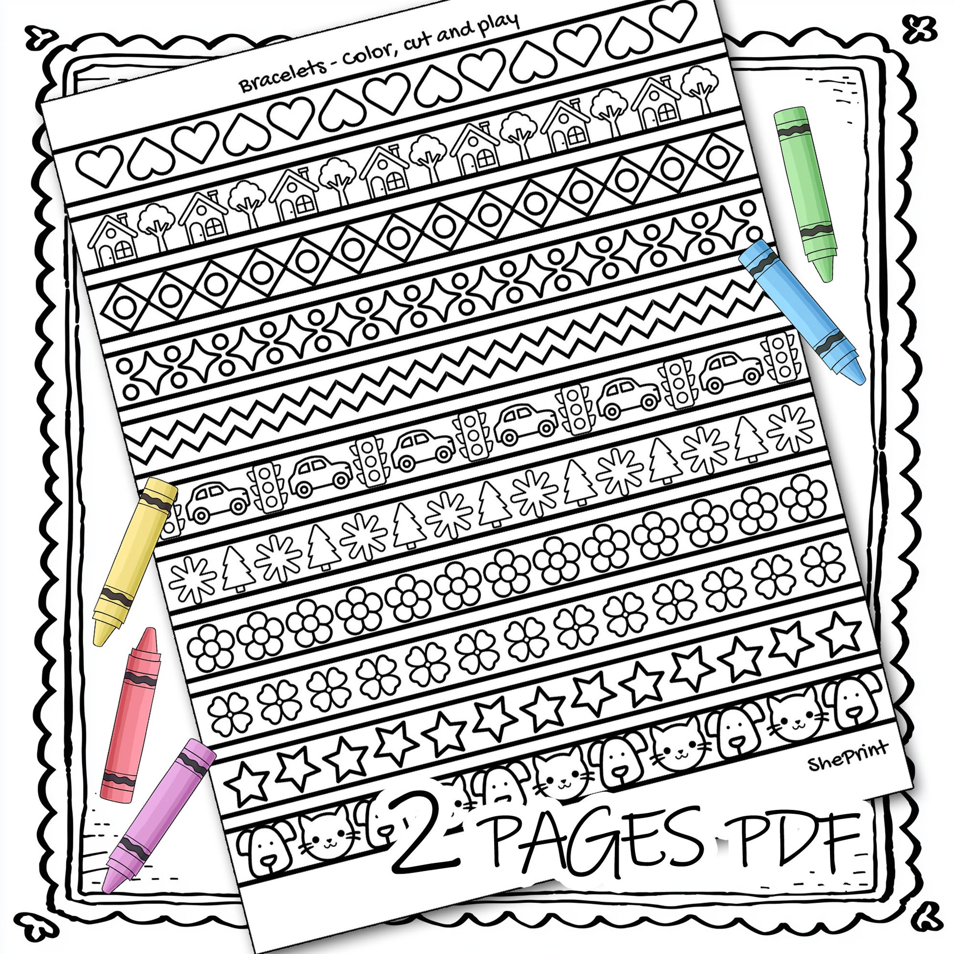 Coloring Bracelets For Girls, 22 Cute Designs to Color & Make, 2 Pages PDF Instant Download, page 2 preview