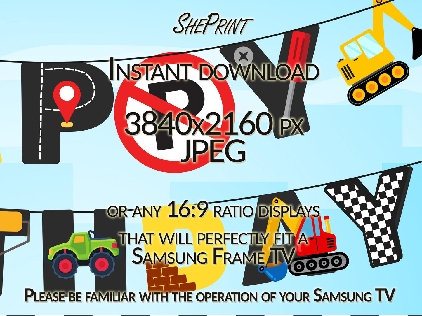 Construction Birthday Party Banner TV Art | For Boys close up view - version 1
