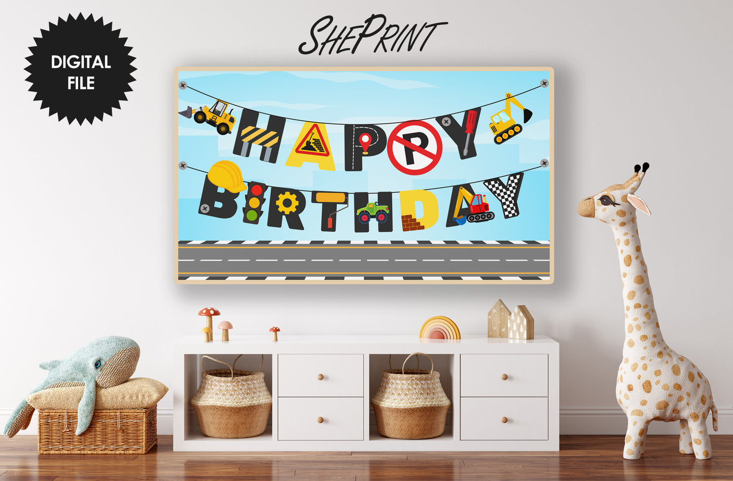 Construction Birthday Party Banner TV Art | For Boys preview on Samsung Frame TV in boys room - version 1