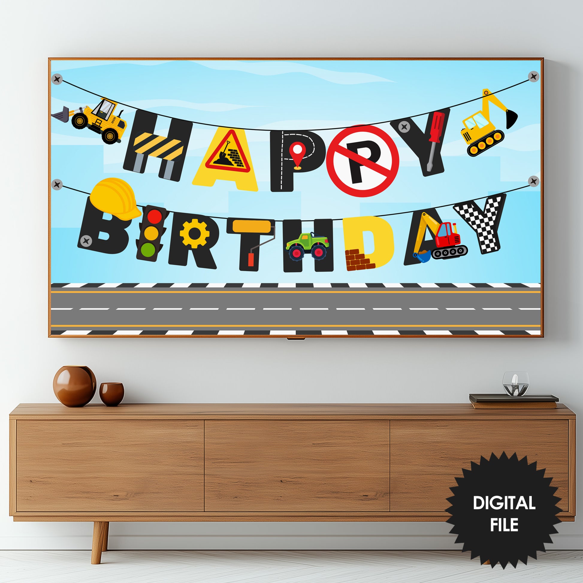 Construction Birthday Party Banner TV Art | For Boys preview on Samsung Frame TV in living room - version 1