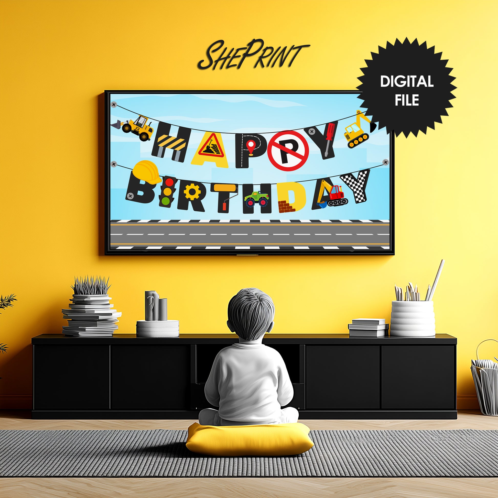 Construction Birthday Party Banner TV Art | For Boys preview on Samsung Frame TV in kids room - version 1
