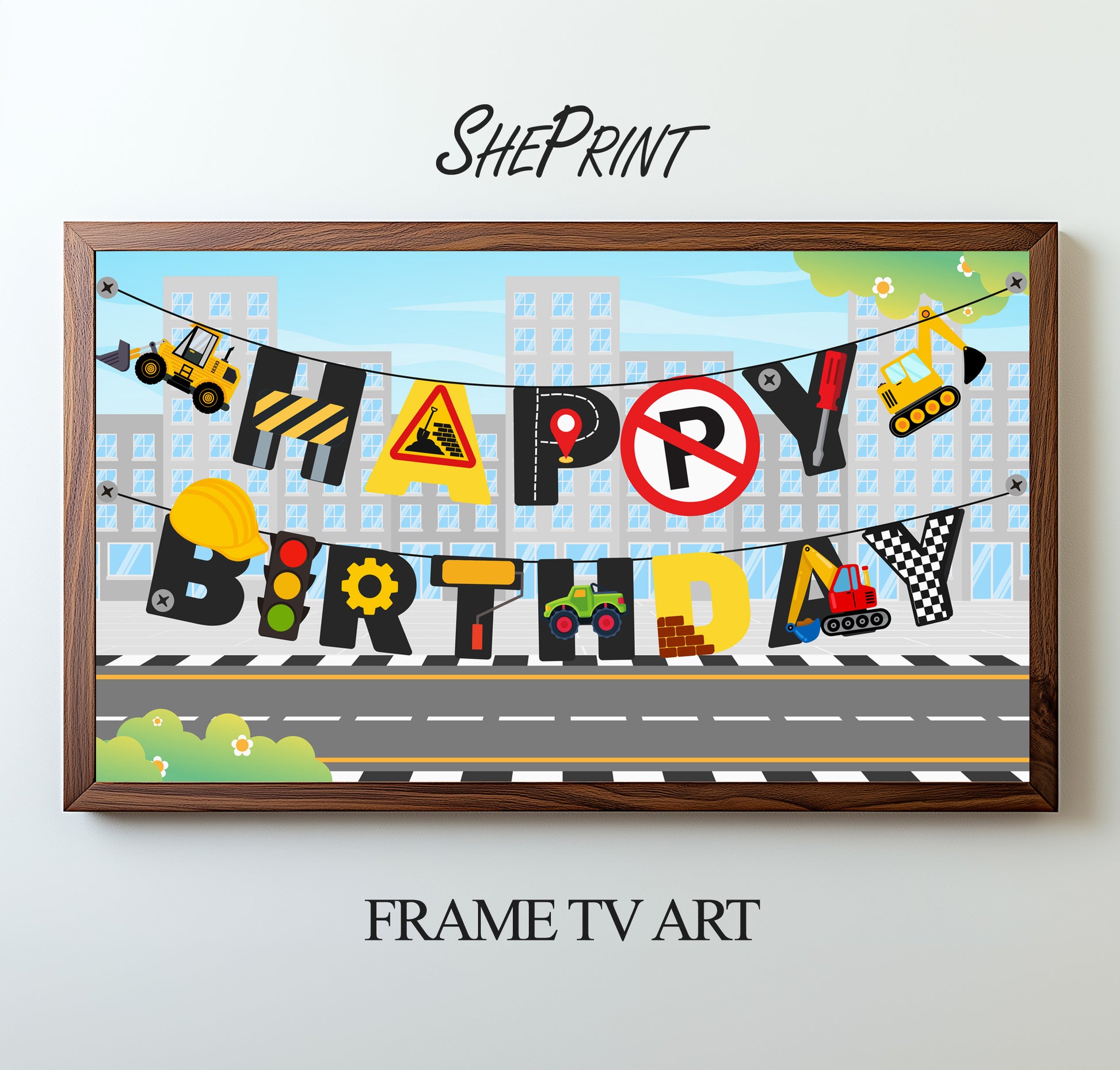 Construction Birthday Party Banner TV Art | For Boys preview on Samsung Frame TV - version 2