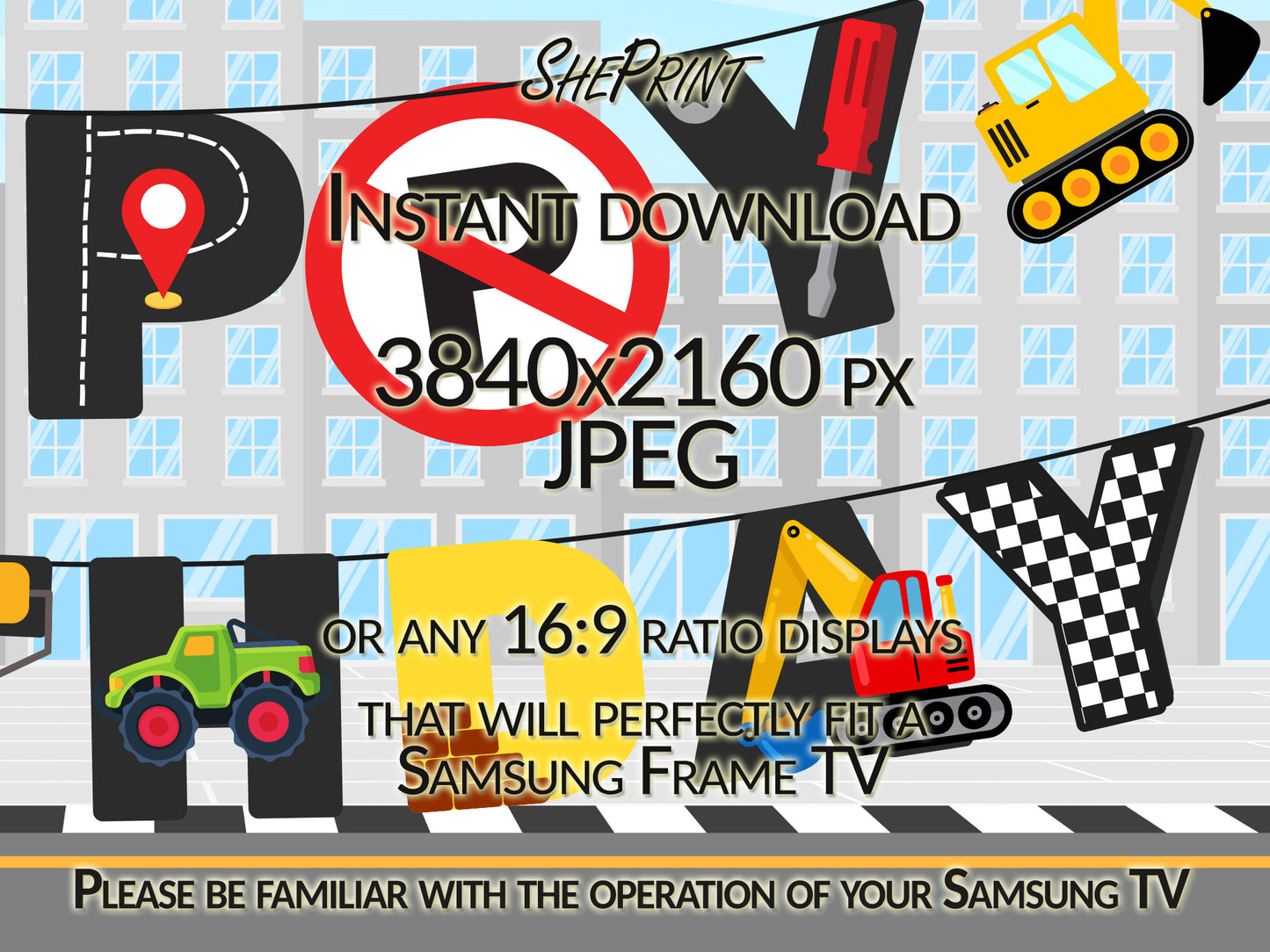 Construction Birthday Party Banner TV Art | For Boys close up view - version 2