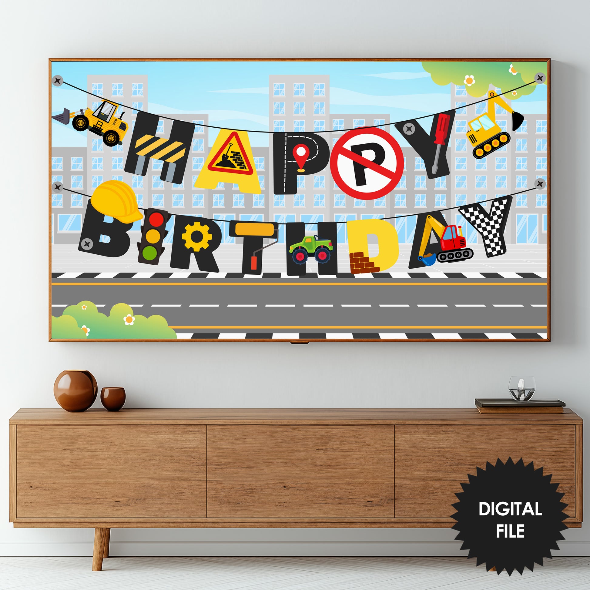 Construction Birthday Party Banner TV Art | For Boys preview on Samsung Frame TV in living room room - version 2