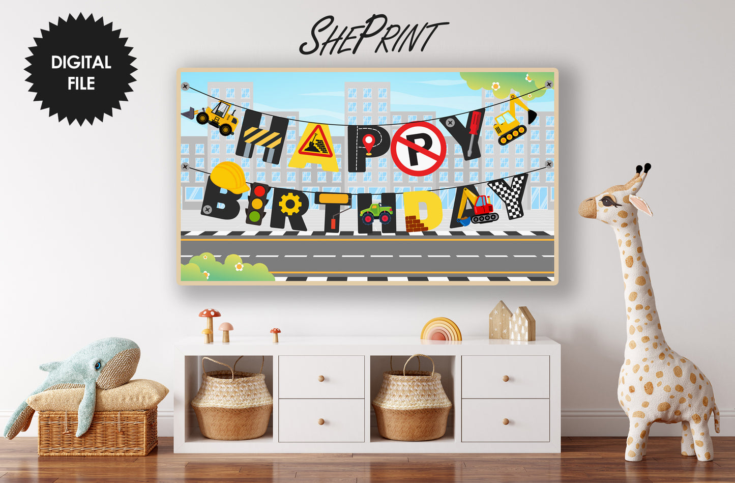 Construction Birthday Party Banner TV Art | For Boys preview on Samsung Frame TV in boys room - version 2