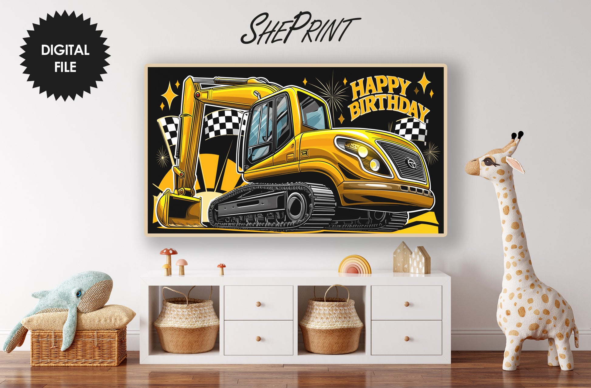 Construction Birthday TV Art For Boys | Heavy Machinery preview on Samsung Frame TV in kids room
