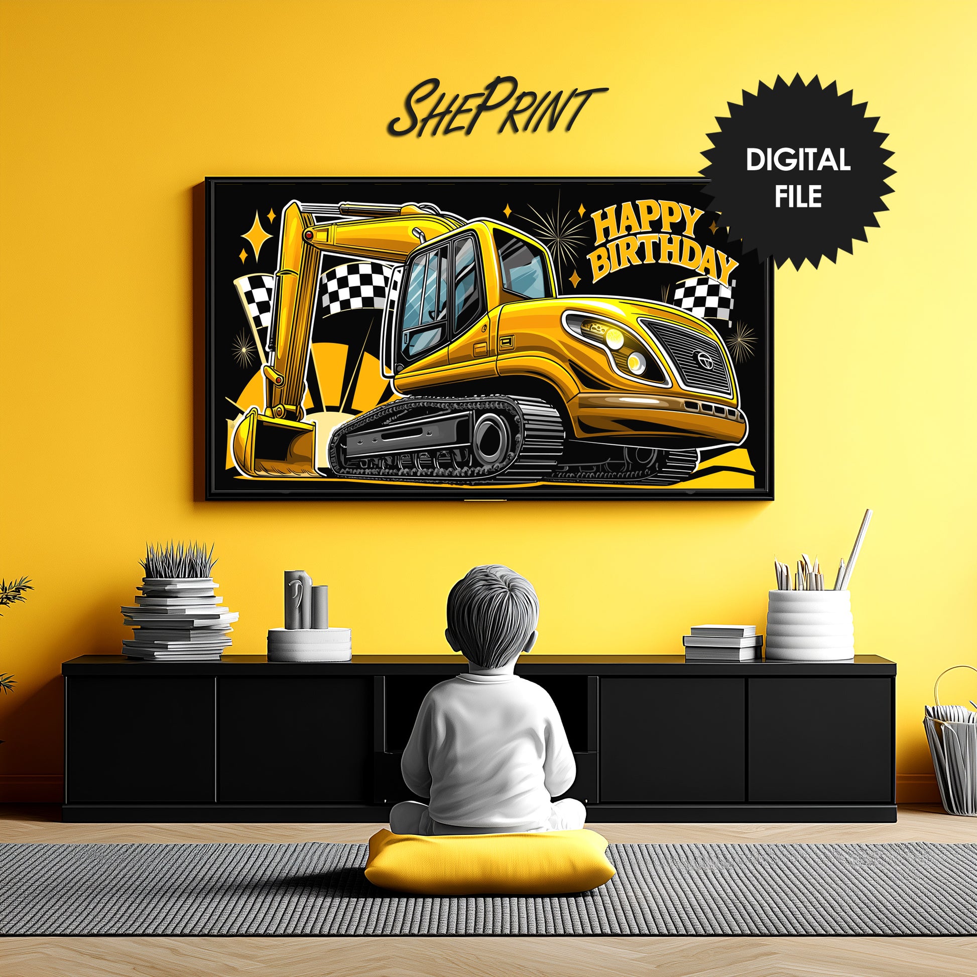 Construction Birthday TV Art For Boys | Heavy Machinery preview on Samsung Frame TV in boys room