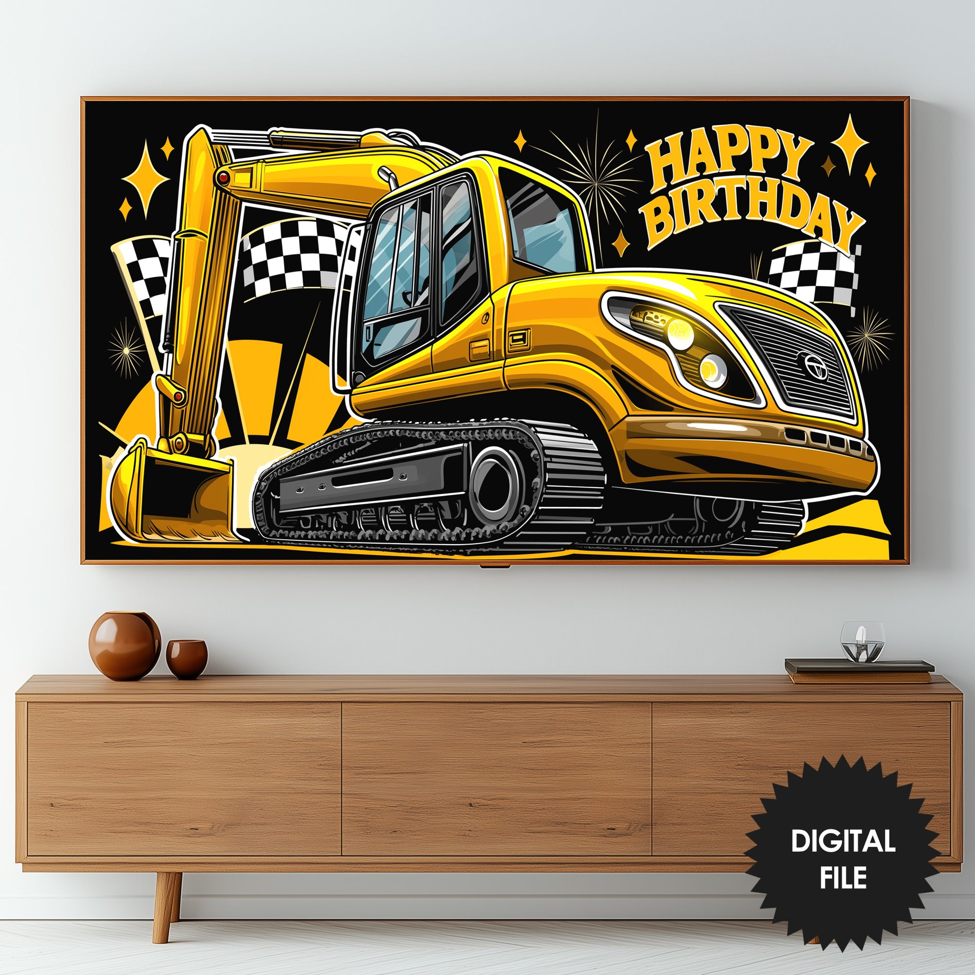 Construction Birthday TV Art For Boys | Heavy Machinery preview on Samsung Frame TV in living room
