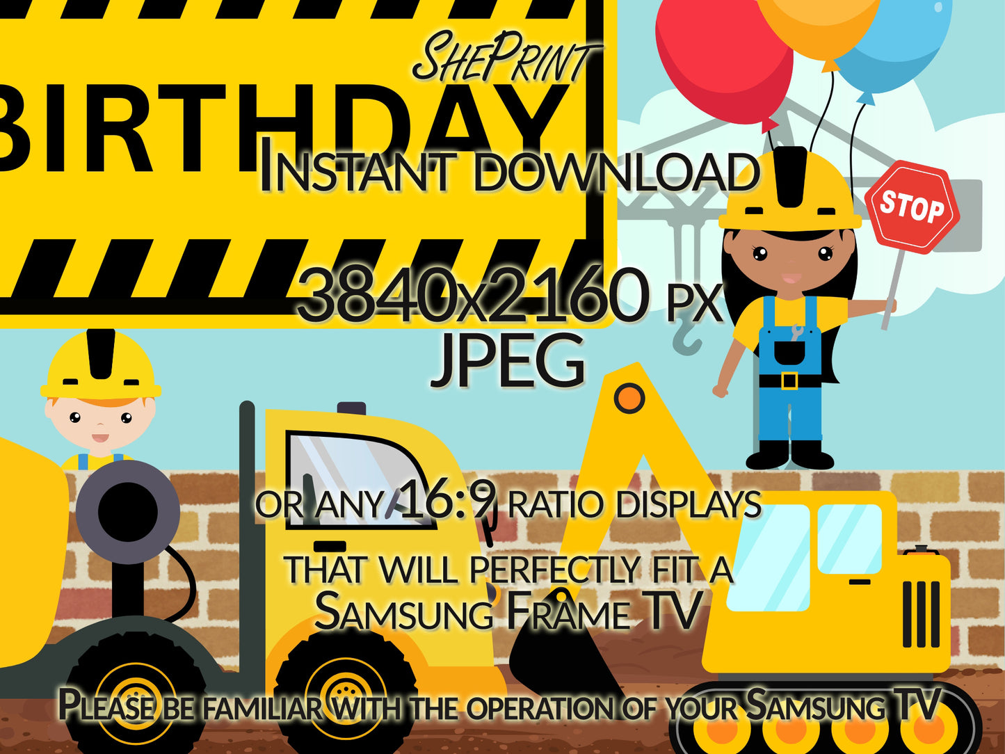 Construction Birthday Theme TV Art For Boys close up view