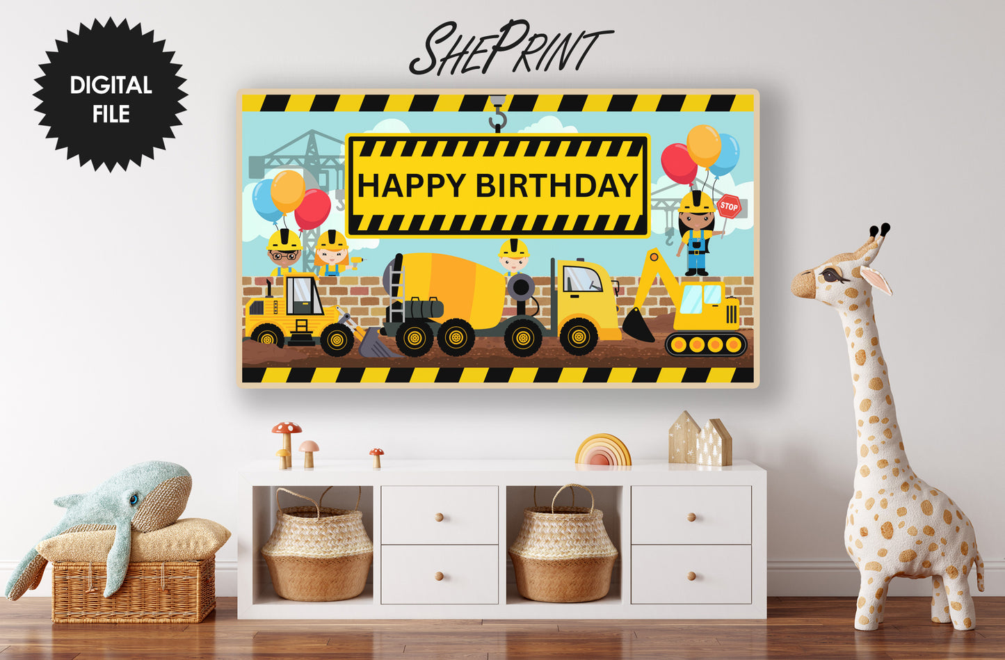 Construction Birthday Theme TV Art For Boys preview on Samsung Frame TV in kids room