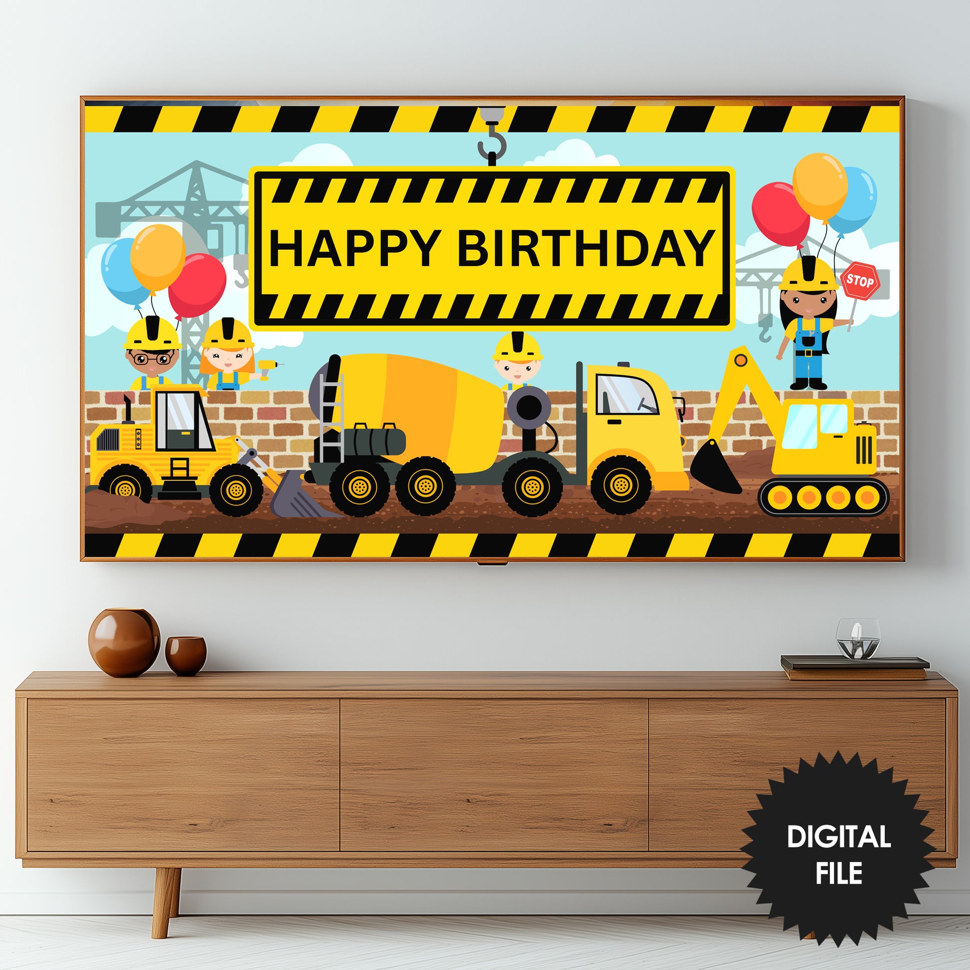 Construction Birthday Theme TV Art For Boys preview on Samsung Frame TV in living room