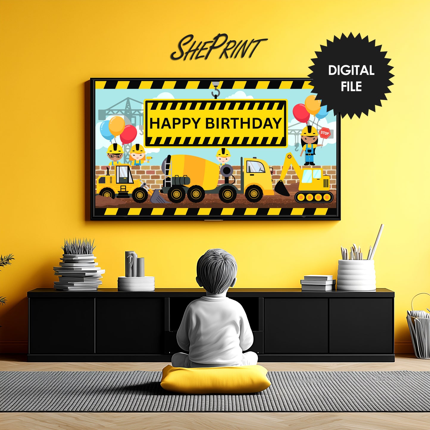 Construction Birthday Theme TV Art For Boys preview on Samsung Frame TV in boys room