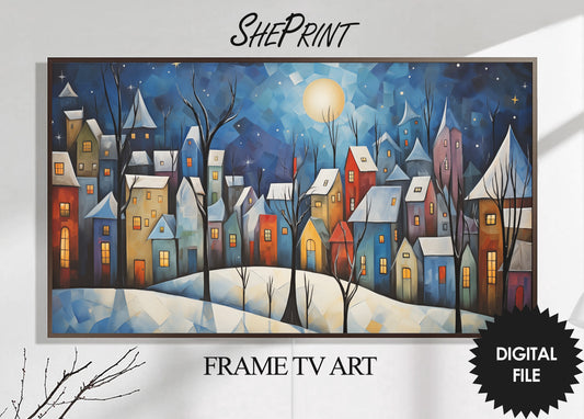 Winter Samsung Frame TV Art | Cozy Winter Town Painting | Digital TV Art | Instant Download