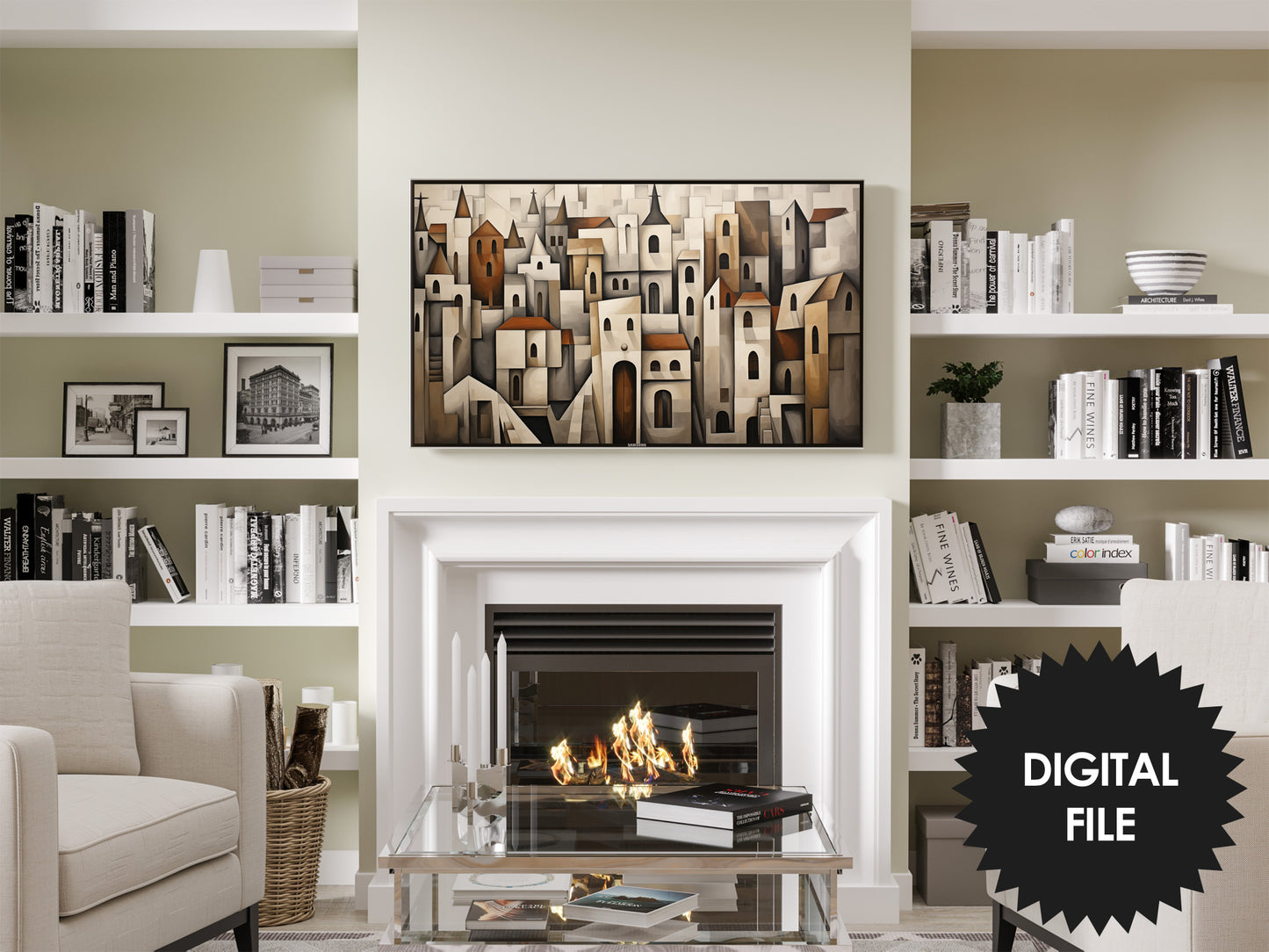 Frame TV Art, Cubist Cityscape Abstract Painting preview in modern living room