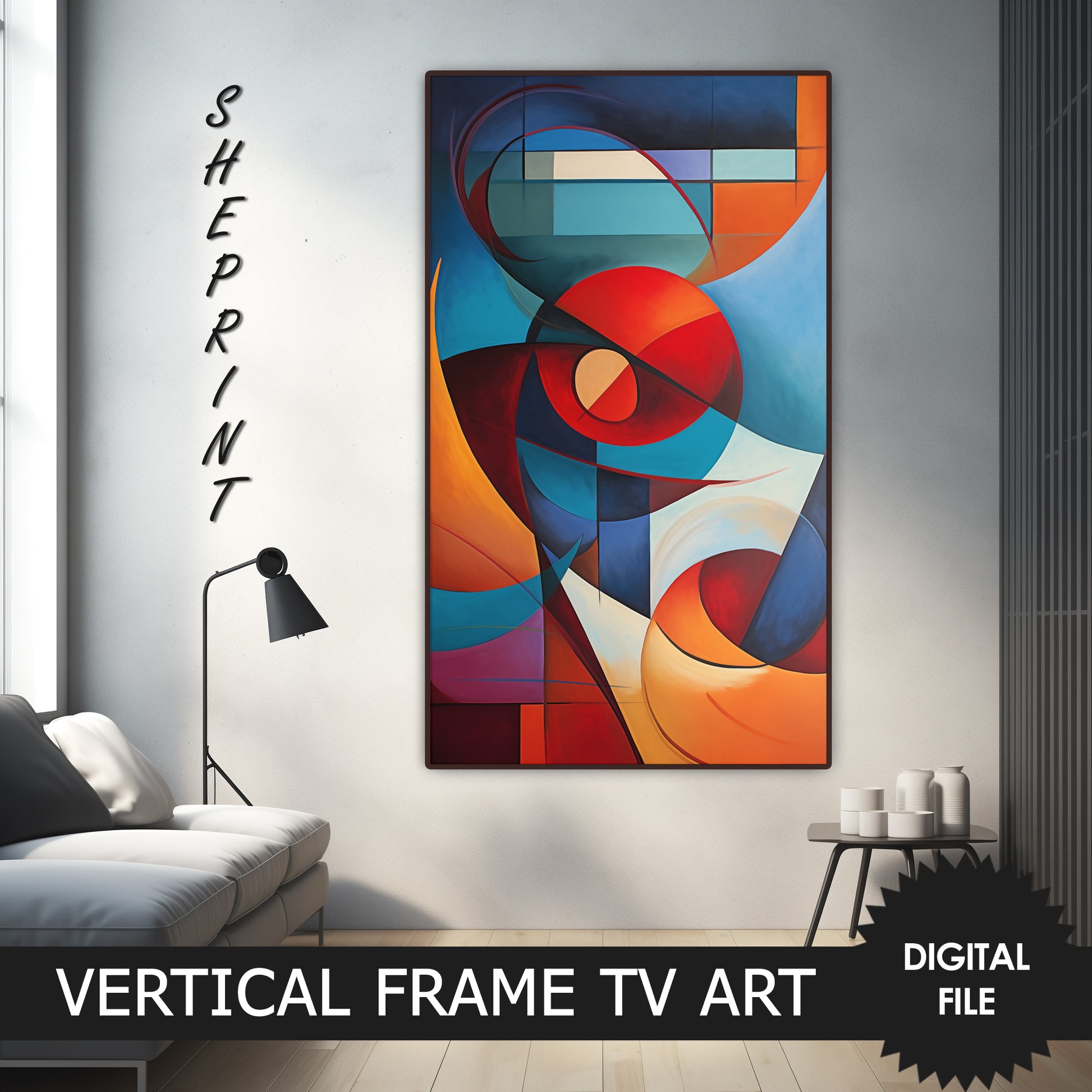 Vertical & Horizontal Frame TV Art, Curvy Shapes Abstract Art, preview on Samsung Frame Tv when mounted vertically