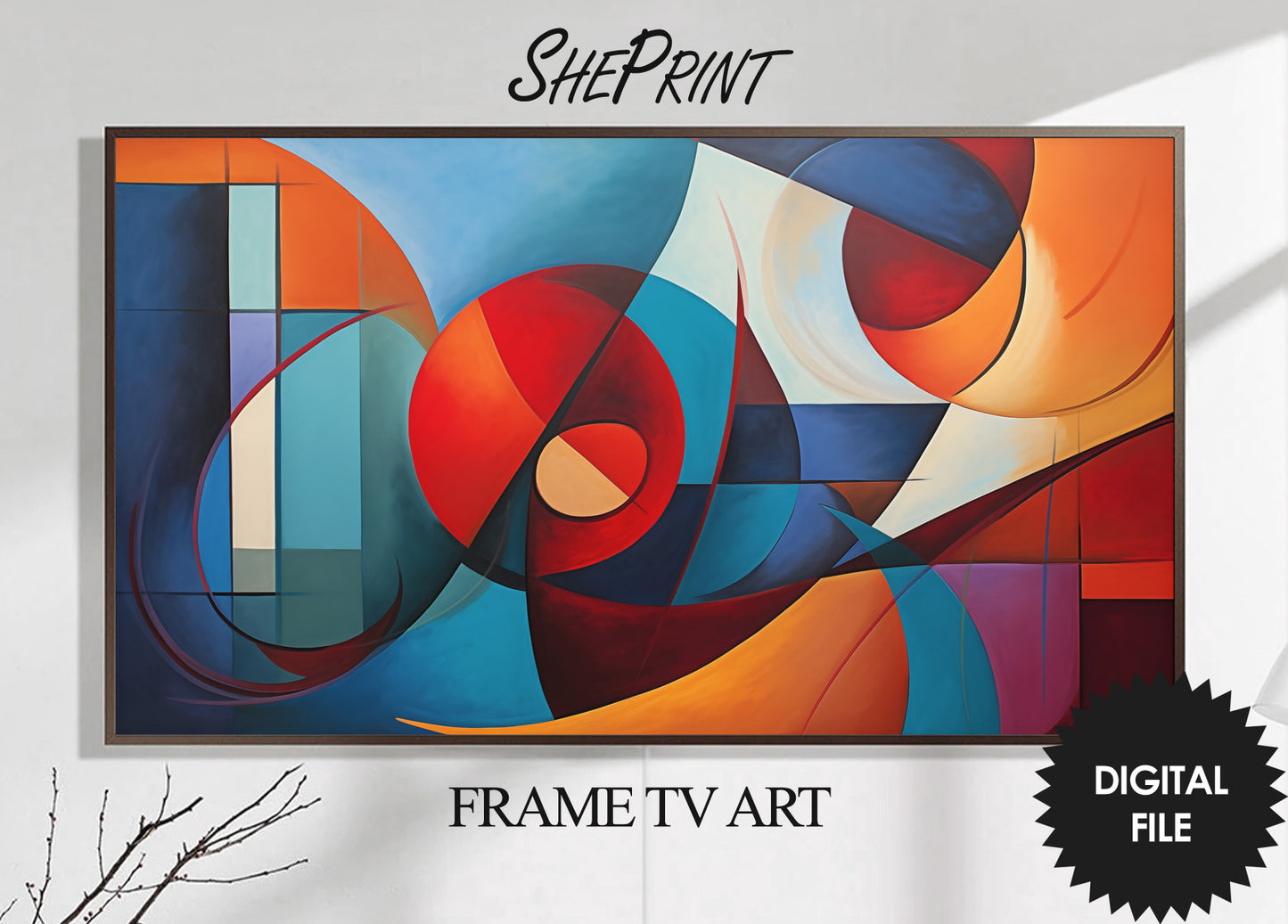 Vertical & Horizontal Frame TV Art, Curvy Shapes Abstract Art, preview on Samsung Frame TV, closer view