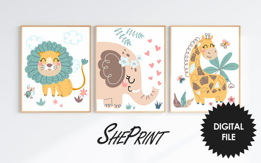 Printable Cute Safari Animals Art, Set of 3 Prints, Nursery Wall Art, Kids Room Wall Art, Boho Style, Instant Download, Ratio 4:5