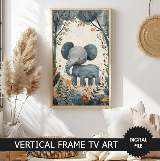 Cute Elephant Vertical Frame TV Art For Kids, Safari Animals Art, Boho Style preview in kids room