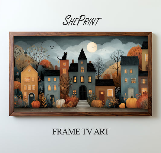 Samsung Frame TV Art, Cute Fall Halloween City