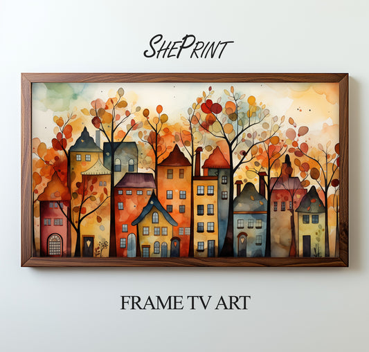 Frame TV Art | Cute Fall Town Watercolor Abstract Art preview