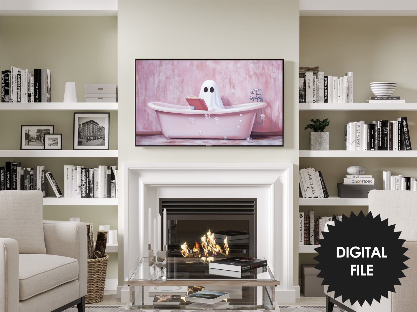 Samsung Frame TV Art Halloween | Cute Halloween Ghost in Pink Bathtub preview in modern living room