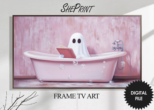 Samsung Frame TV Art Halloween | Cute Halloween Ghost in Pink Bathtub preview