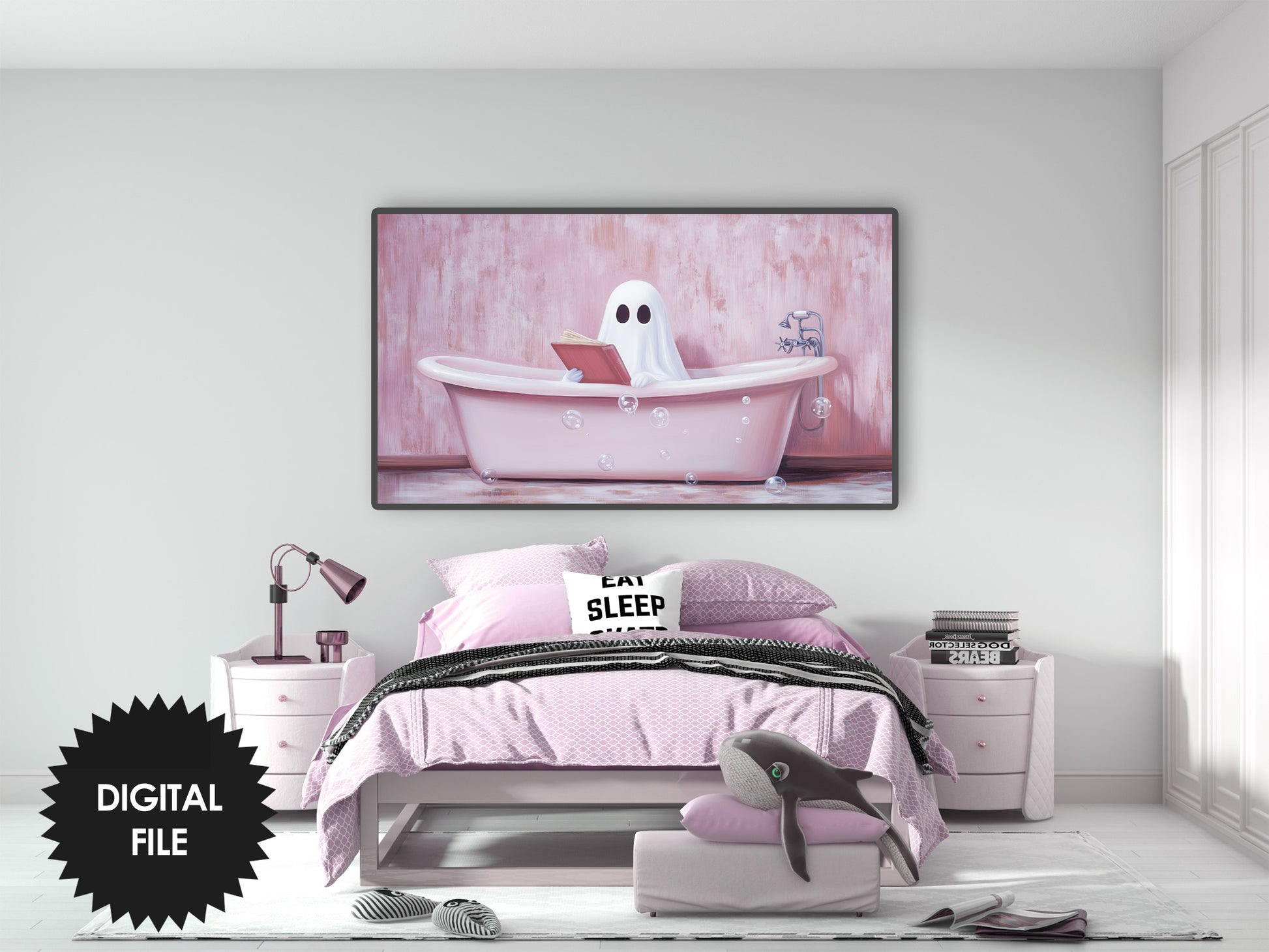 Samsung Frame TV Art Halloween | Cute Halloween Ghost in Pink Bathtub preview in bedroom