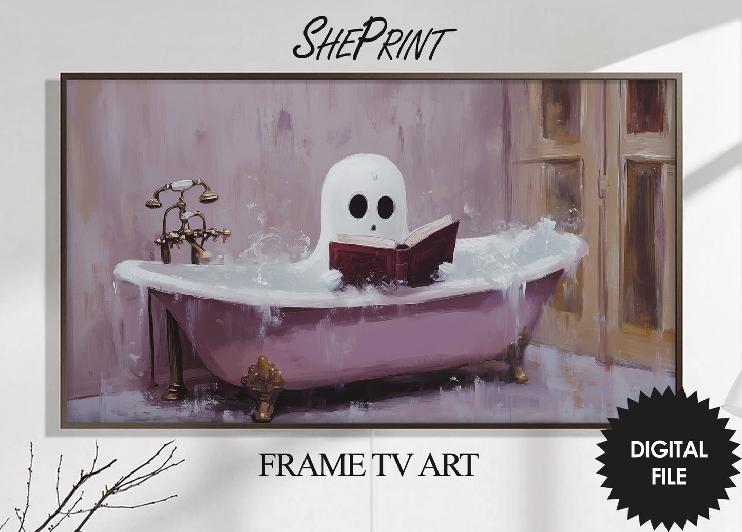 Samsung Frame TV Art Halloween | Cute Halloween Ghost in Purple Vintage Bathtub | Happy Halloween | 3840x2160px Digital TV Art | Instant Download